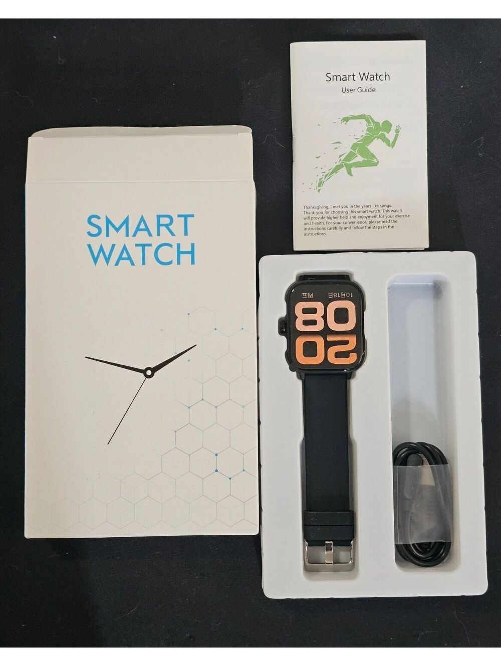Smart Watch with Black Silicone Band and User Guide